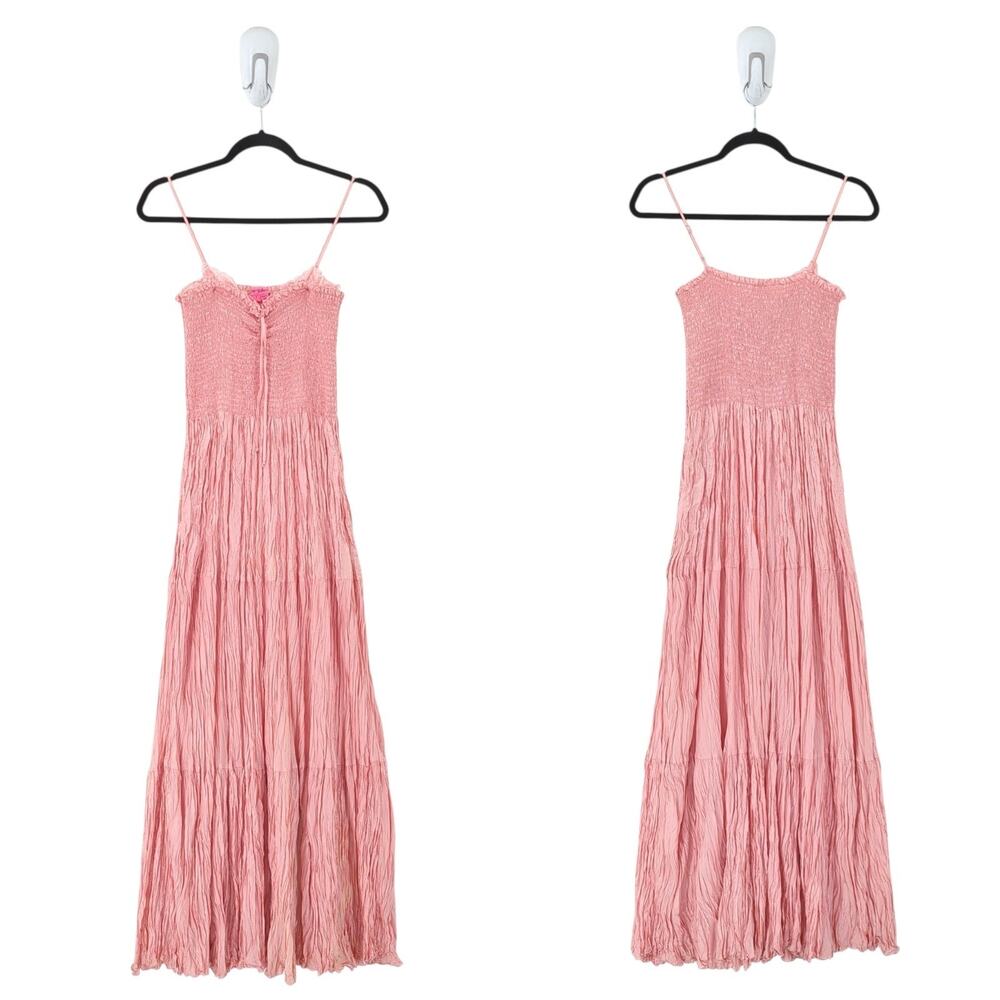 Betsey Johnson Women S Dress Pink Y2K Tiered Sweep Smocked Bodice Lace Trim FLAW